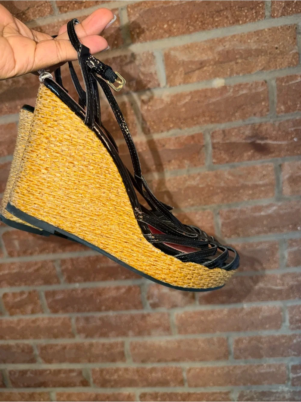 Woven Espadrille Wedge Sandal - Black / Pink Insole
